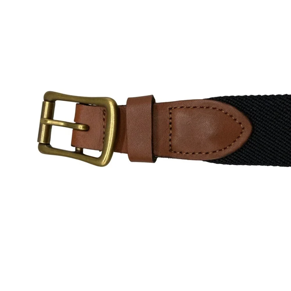 Lands' End Men's Surcingle Belt Black Brown Leather Canvas Stretch Buckle